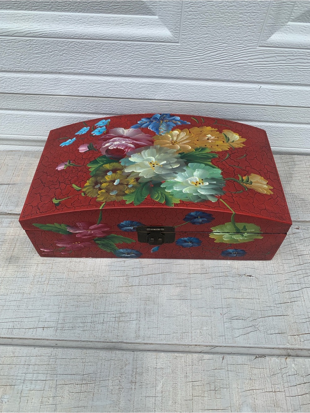 Vintage Wooden Hand Painted Floral Crackle Lacquer Jewelry Trinket keepsake Box